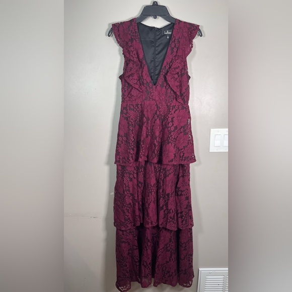 Lulus Molinetto Burgundy Lace Ruffled Tiered Sleeveless Maxi Dress - Picture 2 of 8